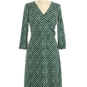 Ann Taylor LOFT Green Black White Wrap Dress 3/4 Sleeve A Line stretch size 8